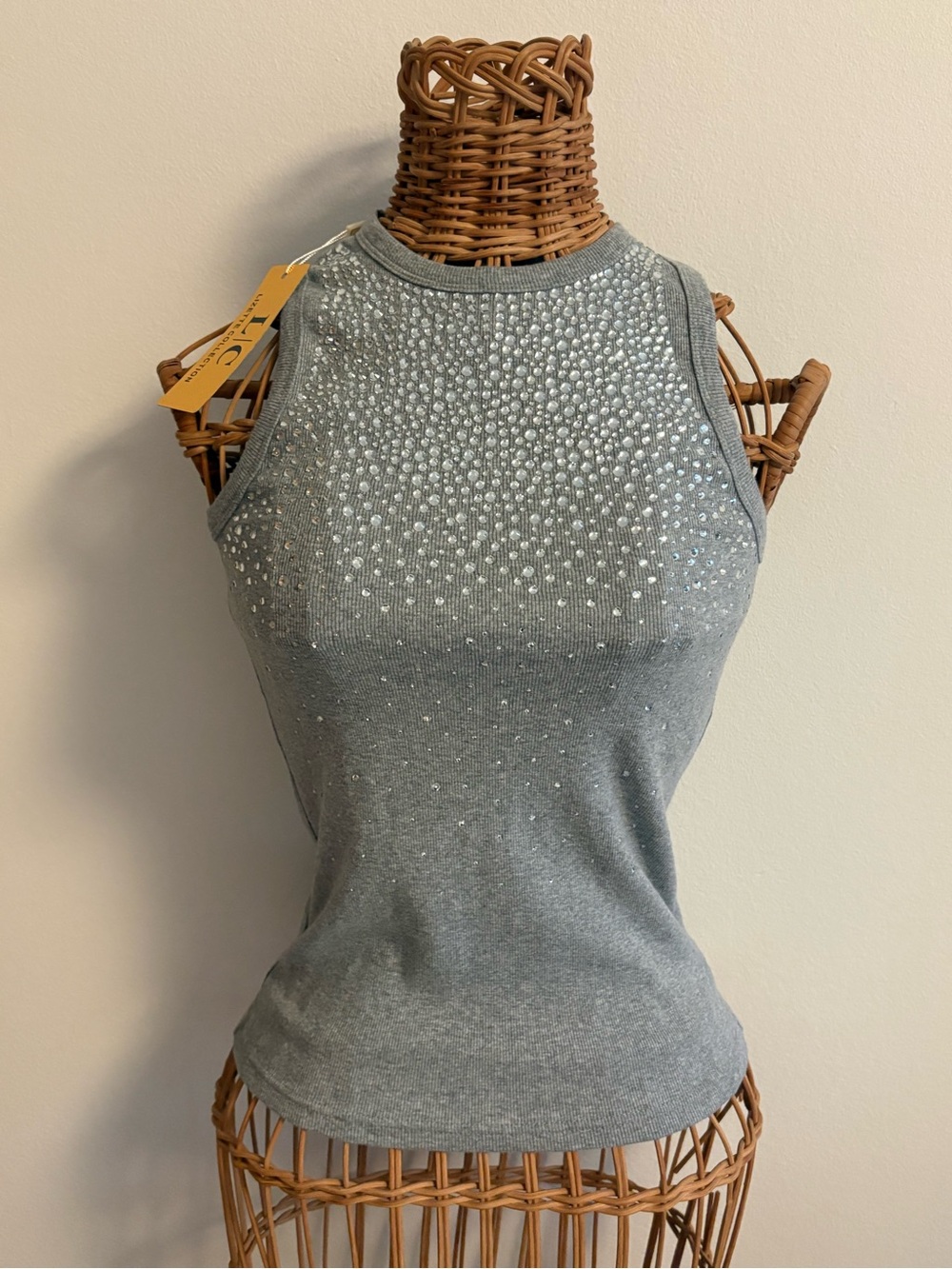 NWT Small LC Lizette Collection Gray Y2K Glam Rhinestone Ribbed Tank Top